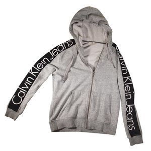 Calvin Klein Gray Logo Sleeve Hoodie, Ladies Size Large, Black/White